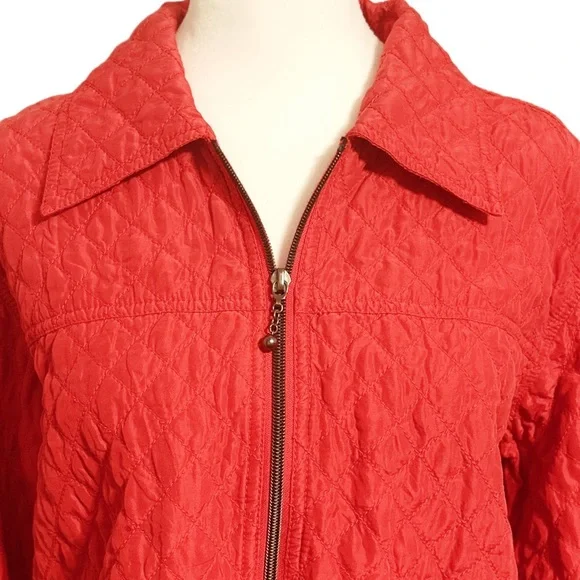 Debra deRoo 100% Silk Red Quilted Zip Jacket Cuffed Sleeves Pockets Size Large - Picture 3 of 11